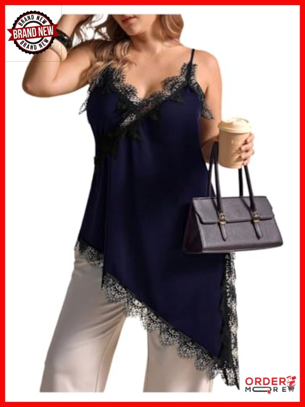 Plus Size Floral Lace Trim Satin Tank Top Asymmetrical Spaghetti Strap Cami